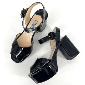 Prada Crisscross Black Patent Leather Platform Sandals